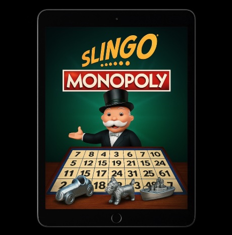An image of a slingo monopoly style game on an ipad on a black background
