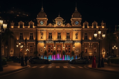 An image of a building similar to a casino in Monte carlo lit up at night