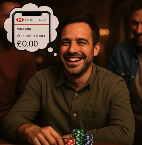 An image of a man having fun in a casino surrounded by friends, a thought bubble to the side of his head shows he has a zero balance left in his bank account