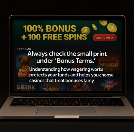 An image of a silver laptop on a black background with an online casino background on the screen and white text saying to ALWAYS CHECK THE SMALL PRINT UNDER 'BONUS TERMS' and why