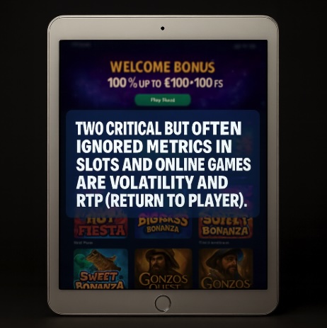 An image of a silver ipad on a black background, the screen background is an online casino page and there is bold white text saying TWO CRITICAL BUT OFTEN IGNORED METRICS IN SLOTS AND ONLINE GAMES ARE VOLATILITY AND RTP (RETURN TO PLAYER)
