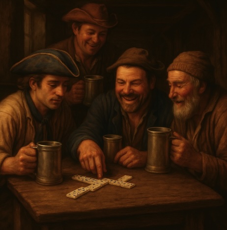An image set in the 18th Century of sailors playing dominoes in a tavern