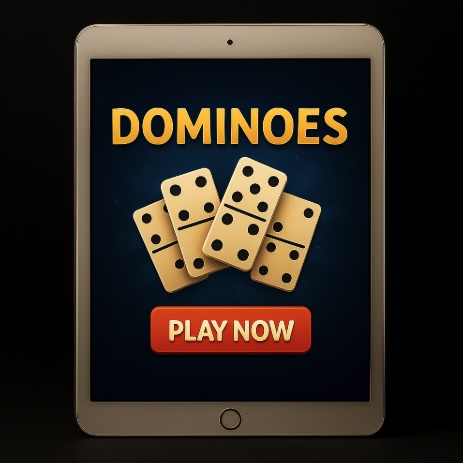 An image of a silver image on a black background, on the screen is an online dominoes game with a big PLAY NOW red button