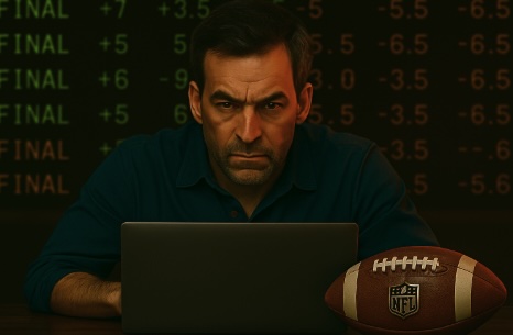 An image of a man sitting in a dark room infront of his open laptop, in the background are numbers/odds similar to sportsbetting on NFL