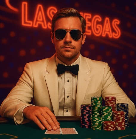 An image of a man in a Vegas Casino setting sitting at a live dealer table wearing a white tuxedo, dark aviator glasses with stacks of poker chips and 2 playing cards face down in front of him