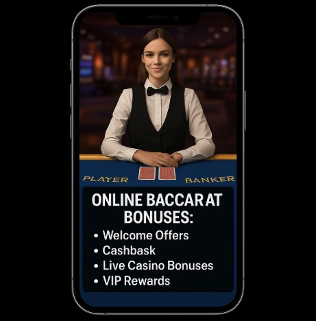 An image of a silver mobile phone on a black background, on the screen is a female casino coupier standing by a baccarat table. Underneath is a black banner with white text outlining ONLINE BACCARAT BONUSES