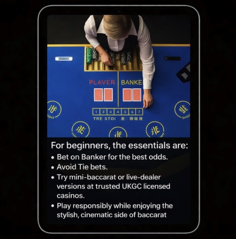 An image of a silver ipad on a black background, on the screen is the top of a female croupier at a baccarat table with text underneath outlining FOR BEGINNER'S, THE ESSENTIALS ARE and what they all are