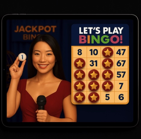 An image of a silver ipad with a mobile bingo host game on the screen