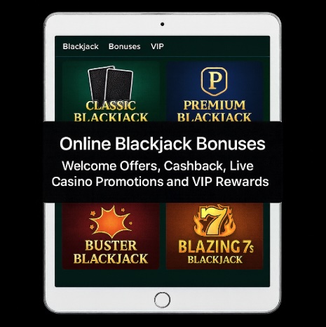 An image of a silver ipad on a black background, on the ipad screen is an online casino blackjack page with bold white text across the centre listing ONLINE BLACKJACK BONUSES