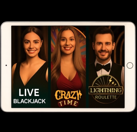 An image of a silver ipad on a black background, on the ipad screen are three Live Dealer game images