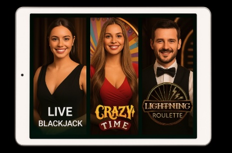 An image of a silver ipad on a black background, on the screen are images relating to live dealer games and white text outlining what live dealer games are online in bold white text