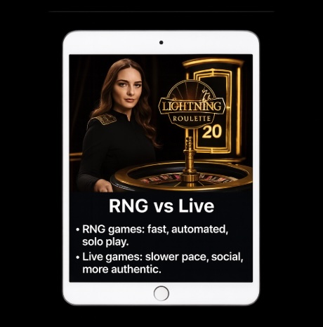 An image of a silver ipad on a black background, on the screen is a LIGHTNING ROULETTE image with bold white text referencing RNG vs LIVE