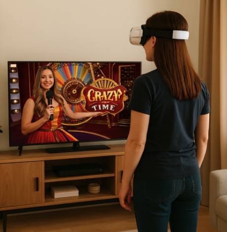 An image of a woman in her lounge room wearing a VR headset, on the TV screen is an online casino live dealer game