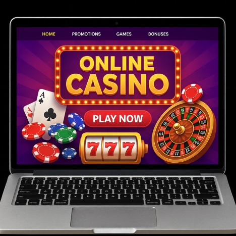 An image of a silver laptop on a black background, on the screen is an online casino homepage image