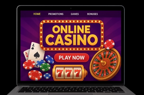 An image of a silver laptop on a black background, on the screen is an online casino homepage image