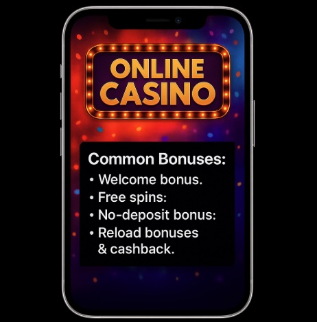 An image of a silver mobile on a black background, on the mobile screen is an online casino image with a list of COMMON BONUSES in bold white text