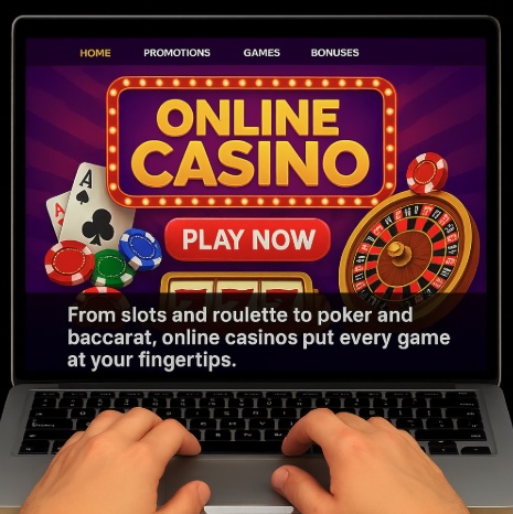 An image of a silver laptop with 2 hands on the keyboard and an online casino image on the laptop screen with text outlining how ONLINE CASINOS PUT EVERY GAME AT YOUR FINGERTIPS