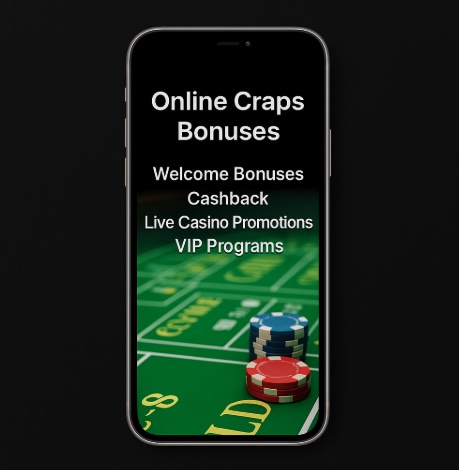 An image of a silver mobile phone on a black background, on the screen is an online craps image with bold white text outlining CRAPS BONUSES