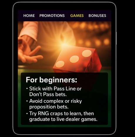 An image of a silver ipad on a black background, on the screen is a craps background image with bold white text outlining BEGINNERS TIPS
