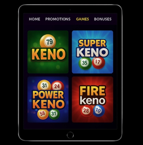 An image of a silver ipad on a black backgroundm, on the screen is an image similar to an online casino Keno webpage