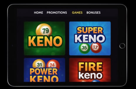 An image of a silver ipad on a black backgroundm, on the screen is an image similar to an online casino Keno webpage