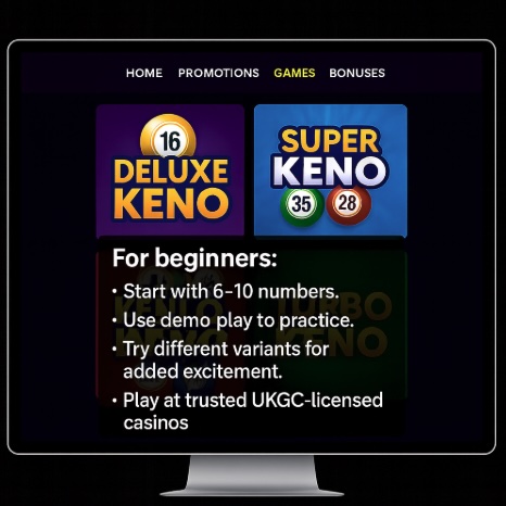 An image of a silver pc screen on a black background, on the screen there are TIPS FOR BEGINNERS playing KENO in bold white text