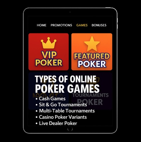 An image of an ipad on a black background, on the ipad screen there is an online casino poker page with bold white text outlining TYPES OF ONLINE POKER GAMES