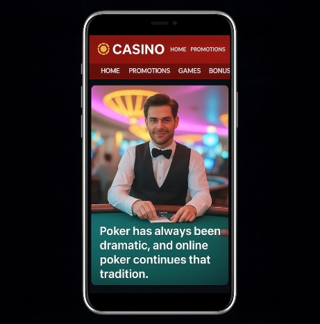 An image of a silver mobile phone on a black background, on the screen there is an online casino webpage with a croupier at a games table and bold white text outlining that POKER HAS ALWAYS BEEN DRAMATIC, AND ONLINE POKER CONTINUES THAT TRADITION