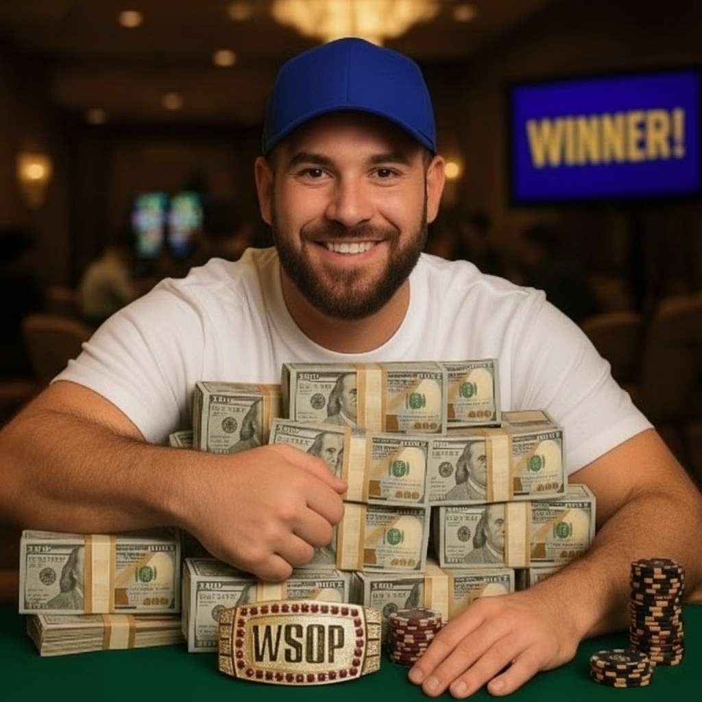 An image of a man standing leaning over a huge pile of cash dressed casually holding a chunky gold bracelet in his hand with WSOP written on it surrounded by coloured stones