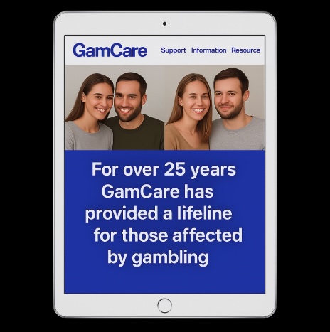 An image of a silver ipad on a black background, on the screen is a webpage similar to a GamCare style of page outlining how for over 25 years GamCare has provided a lifeline for those affected by gambling