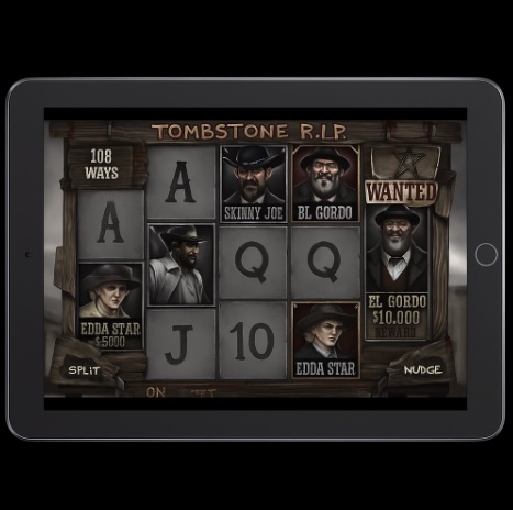 An image of a silver ipad on a black background, on the screen is an online slot similar to Tombstone RIP