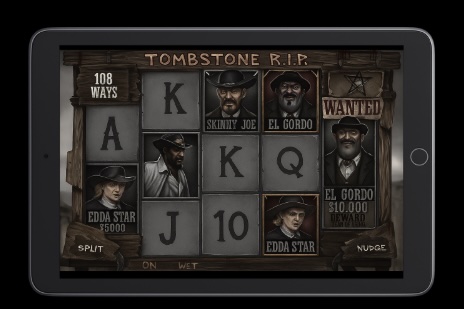 An image of a silver ipad on a black background, on the screen is an online slot similar to Tombstone RIP