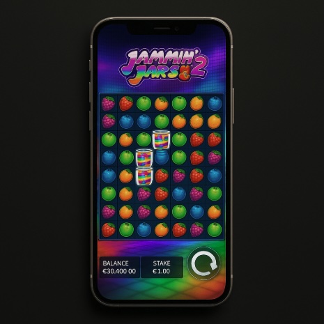 An image of a mobile phone on a black background, on the screen is an image similar to the Jammin Jars 2 online slot game