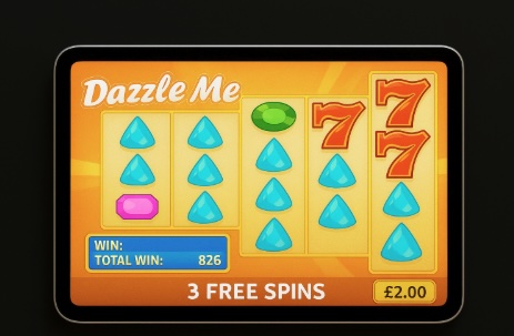 An image of a silver ipad on a black background, on the ipad screen is an online slot game similar to DazzleMe