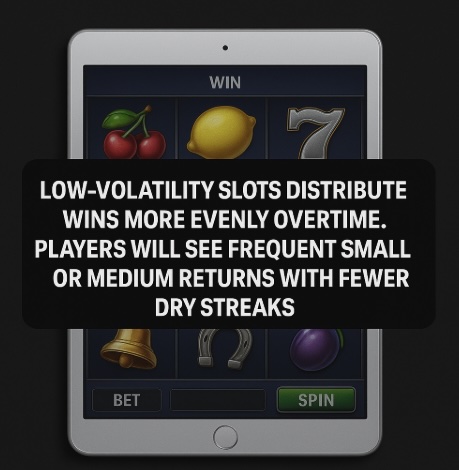 An image of a silver ipad on a black background, on the ipad screen is an online slot game in the background with a black banner across the centre. On the black banner is white text outlining how low-volatility slots work