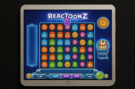 An image of a silver ipad on a black background, on the screen is an online slot game similar to Reactoonz 2