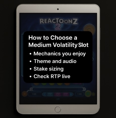 An image of a silver ipad on a black background, on the screen in the background is an online slot and there is a black banner across the centre with white text outlining HOW TO CHOOSE A MEDIUM VOLATILITY SLOT