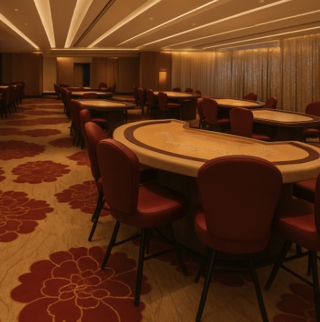 An image of a gaming room in warm red and cream colourway similar to the Metropolitan Casino style