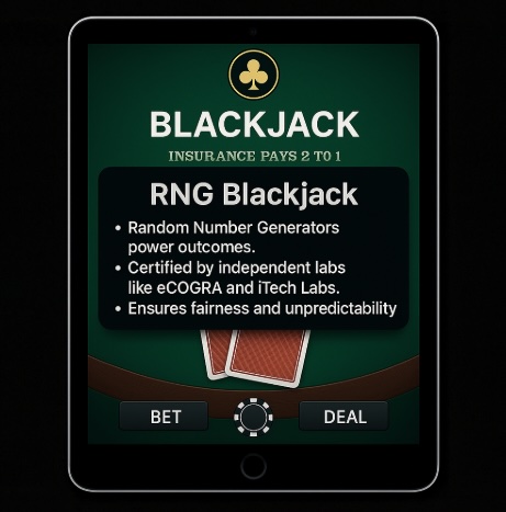 An image of a silver ipad on a black background, on the screen in the background is a green felt live dealer table with a black banner across the centre and white text relating to RNG BLACKJACK