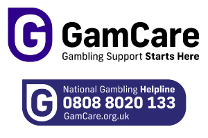 A white background with GAMCARE written in black text across the top and the National Gambling Helpline phone number across the bottom with the web address