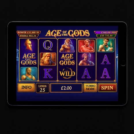 An image of an ipad on a black background, on the screen is an online slots game similar to AGE OF THE GODS