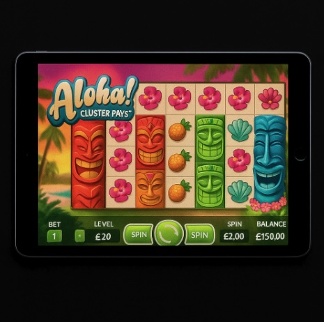 An image of a silver ipad on a black background, on the ipad screen is an online slot game similar to ALOHA