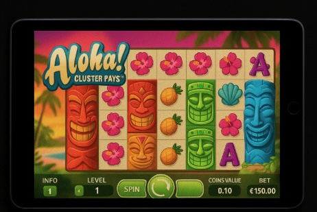 An image of a silver ipad on a black background, on the ipad screen is an online slot game similar to ALOHA