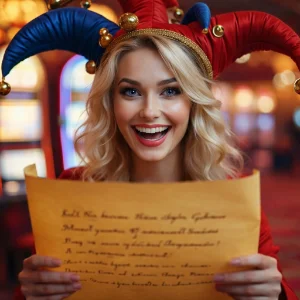 Cute, playful female jester with blonde hair in a vibrant casino, wearing a red, yellow, and blue jester outfit with a matching jester hat. holding a scroll