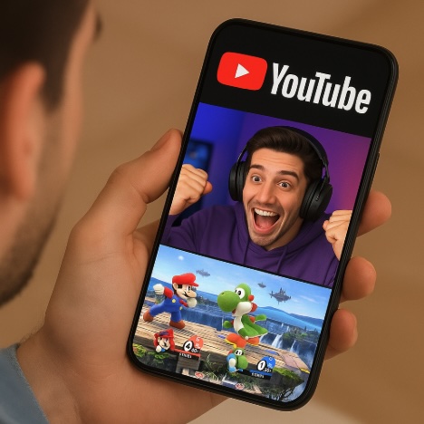 An inmage of a hand holding a mobile phone, on the screen is a YouTube style image of a man wearing headphones streaming a game similar to Super Smash Bros