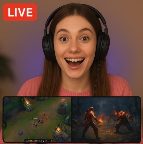 An image of a woman live streaming watching esports games similar to League of Legends or Dota 2