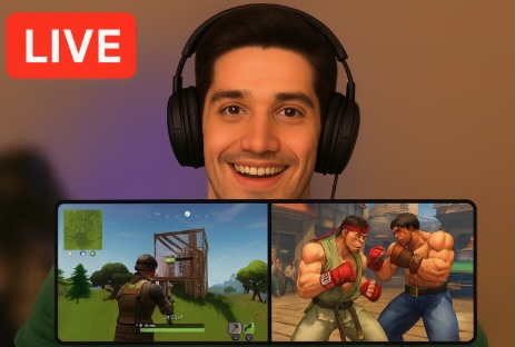 An image of a man live streaming watching esports games such as Street Fighter or Fortnite