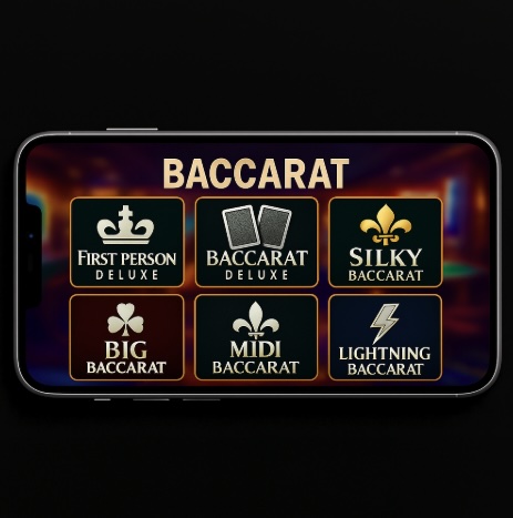 An image of a silver mobile on a black background, on the mobile screen is a variety of online baccarat games