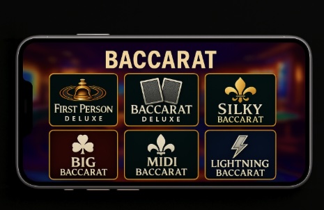 An image of a silver mobile on a black background, on the mobile screen is a variety of online baccarat games