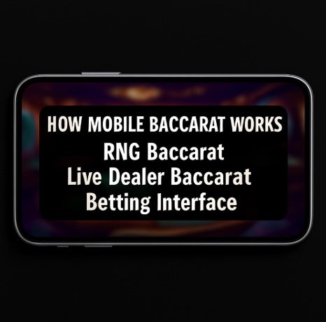 An image of a silver mobile on a black background, on the screen it outlines how mobile baccarat works in bold white text